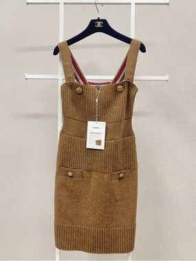 Authentic CHANEL Brown Striped-Back Rib Knit Pinafore Dress
